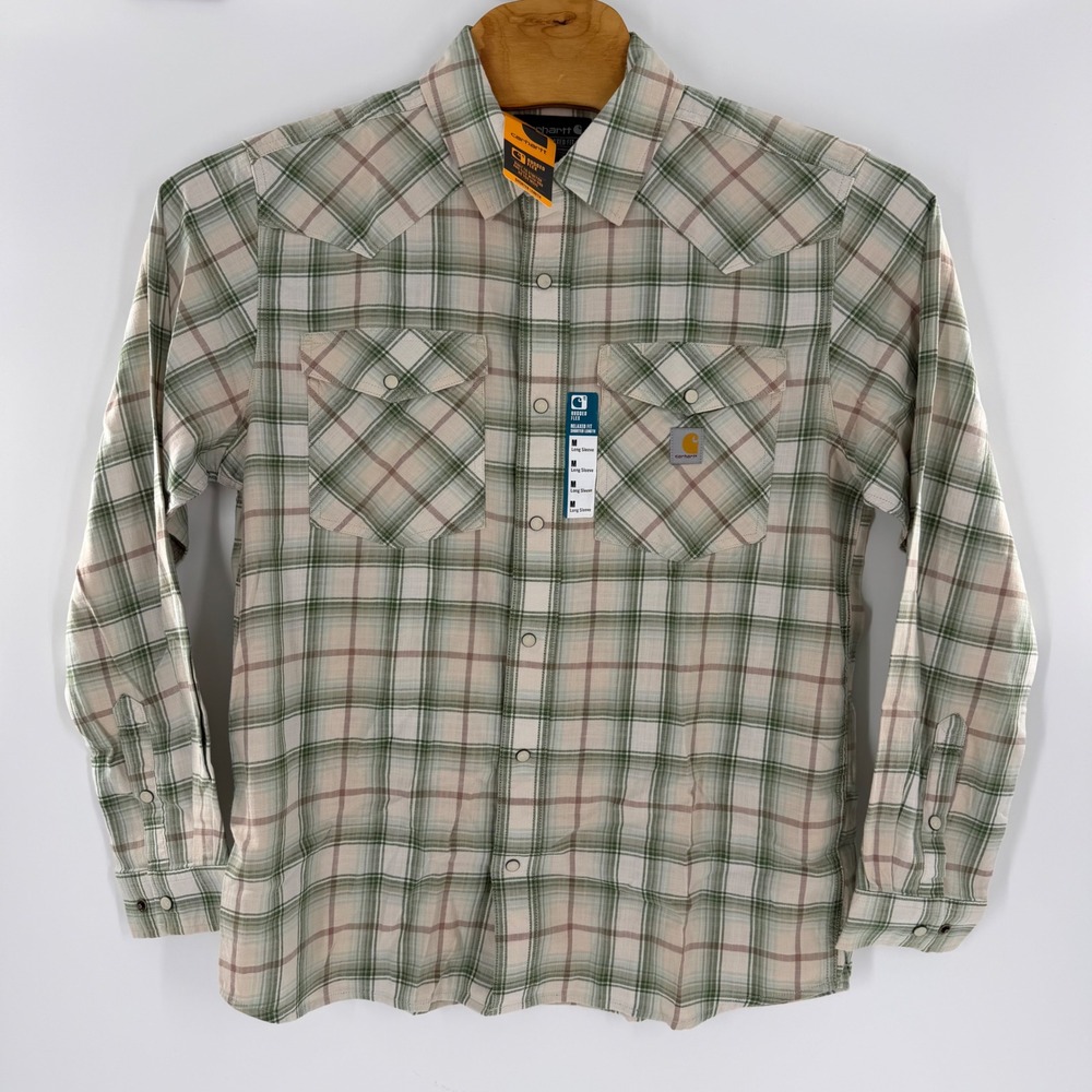 Carhartt Rugged Flex Relaxed Fit Plaid Western Snap Shirt Green TW6430-M Mens M